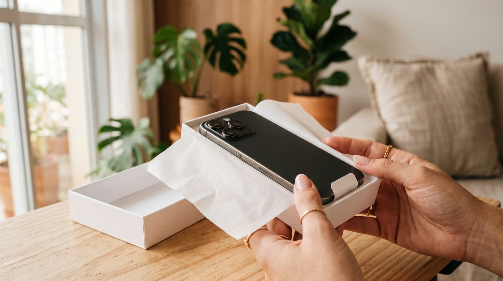 Cliente abrindo a caixa de um iPhone novo em casa